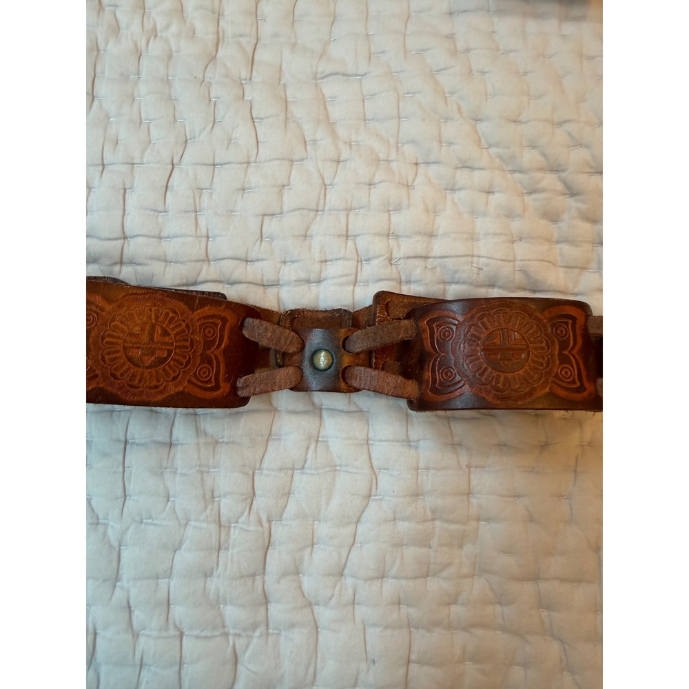 Vintage Kids Brown Hand Tooled Leather Belt Western Boho Sunburst Embossed 24"